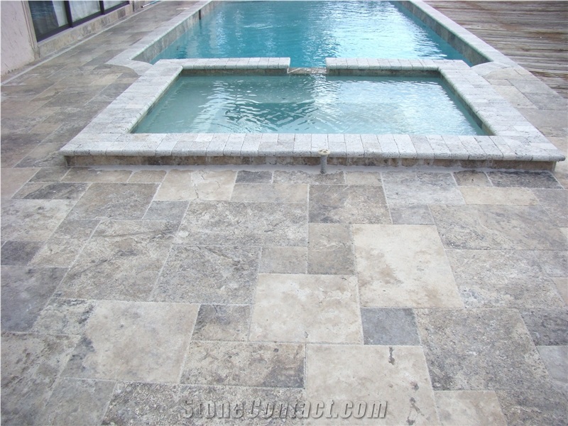 Classic Silver Tumbled Coping with Silver French P, Silver Grey Travertine Pool Coping