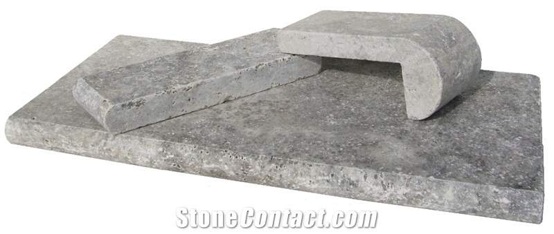 Classic Silver Tumbled Coping with Silver French P, Silver Grey Travertine Pool Coping