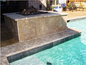 Noce Honed and Filled Coping with Noce Deck Tile, Noce Brown Travertine Pool Coping