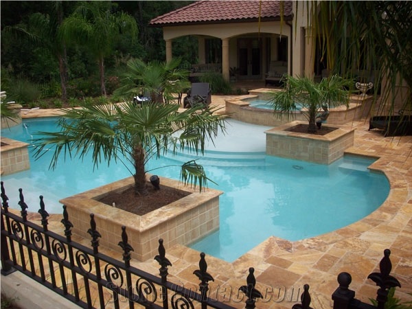 Scabos Travertine Honed and Filled Coping and Tumb, Scabos Beige Travertine Pool Coping