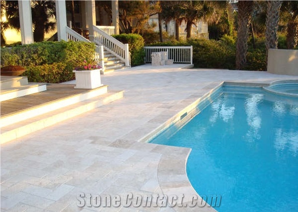 Torreon Tumbled Coping and French Pattern Pavers, Torreon Beige Travertine Pool Coping