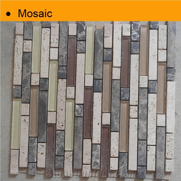 Glass Mix Stone Mosaic Tile, Dark Emperador Marble Mosaic