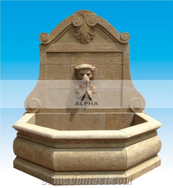 Antiqued Lion Head Wall Fountain, Topaz Yellow Marble Wall Fountain