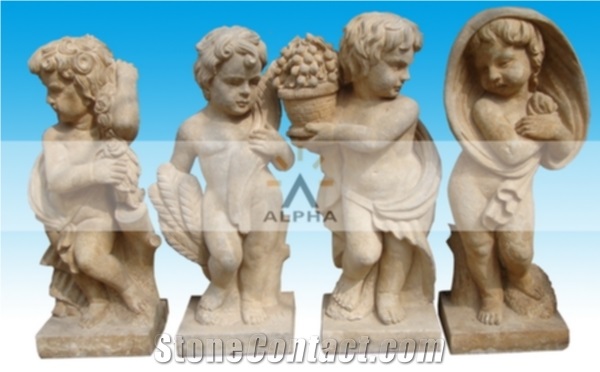 Antiqued Stone Angel Statues, Yellow Marble Statues