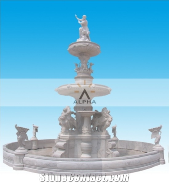 Big Water Fountain With Marble Carvings, White Marble Fountain