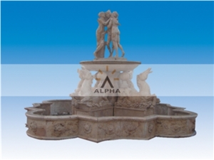 Handcarved Stone Fountain With Statues, Sunny Beige Marble Fountain