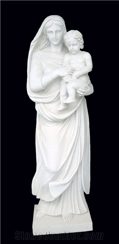 Marble Mother Mary and Child Sculpture, White Marble Sculpture