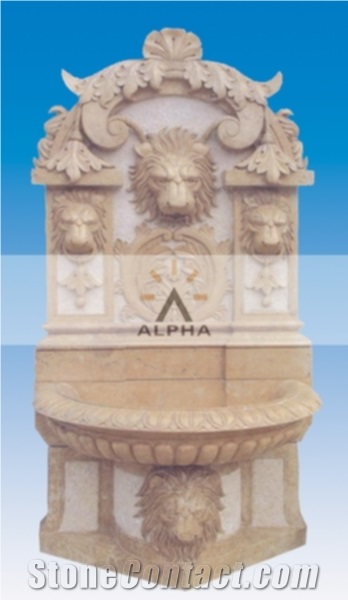 Mark Carved Lion Head Wall Fountain, Galala Beige Marble Wall Fountain