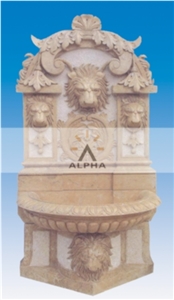 Mark Carved Lion Head Wall Fountain, Galala Beige Marble Wall Fountain