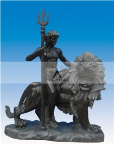 Riding A Lion Mighty Men Of Valour, Black Marble Sculpture, Statue