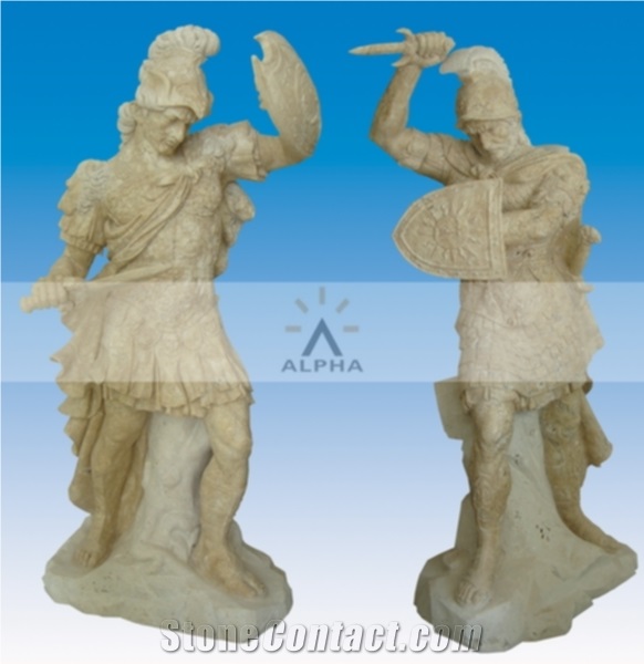 White Statue Of Soldiers Fighting, Grey Limestone Statue