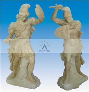 White Statue Of Soldiers Fighting, Grey Limestone Statue