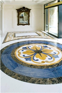 Azul Macaubas and Dark Emperador Floor Medallion, Azul Macaubas Blue Quartzite Floor Medallion