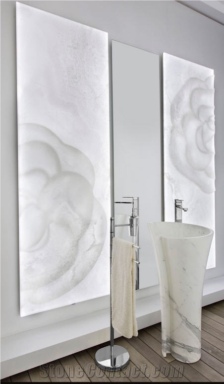 Inlaid Backlit White Onyx Wall Panels, Onice Bianco Avorio White Alabaster Wall Panels