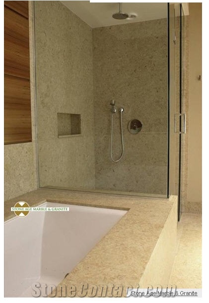 Fossil Limestone Bathroom, Bathtub Deck, Surround, Fossil Oro Beige Limestone Bath Design