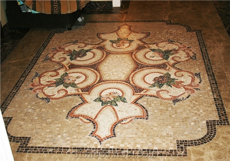 Limestone Mosaic Carpet Medallion, Crema Sicilia Beige Limestone Carpet Medallion