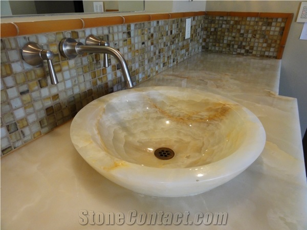 White Onyx Bathroom Countertop, Vessel Basin, Baja White Onyx Bathroom Countertop