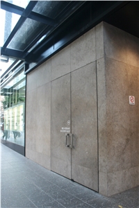 Limestone Mechanically Fixed to Steel Doors, Grey Limestone Building, Walling