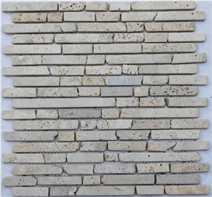 Popular Beige Tumbled Travertine Strip Wall Mosaic Tile