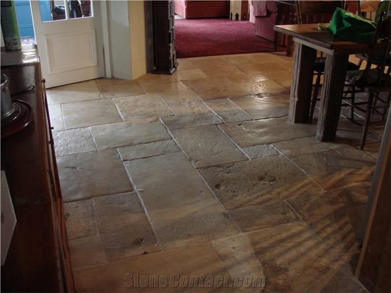 Antique French Limestone Floor Pattern Tiles, France Beige Limestone