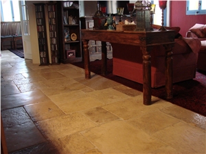 Antique French Limestone Floor Pattern Tiles, France Beige Limestone