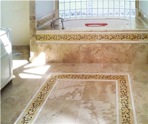 Luxury Bathroom with Portofino Medallion, Botticino Classico Beige Marble Bath Design