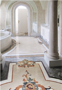 Luxury Bathroom with Portofino Medallion, Botticino Classico Beige Marble Bath Design