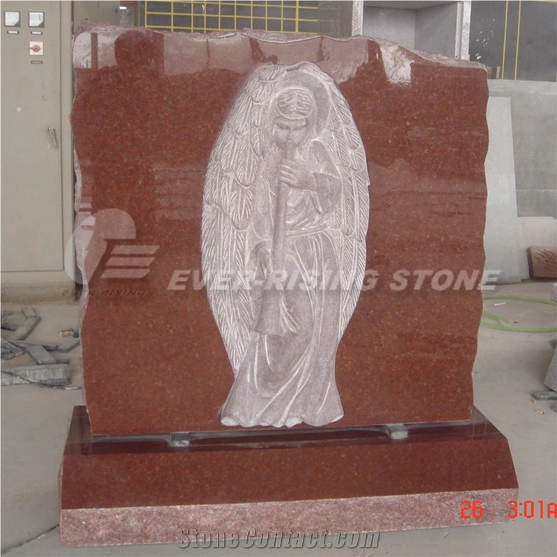 India Red Granite Tombstone Angel Carving