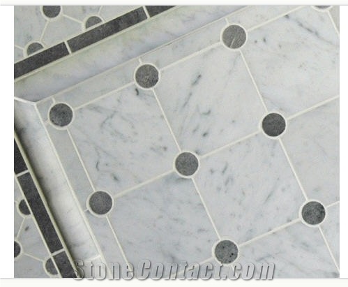 White and Grey Marble Square Mosaic Tile, Bianco Carrara White Marble Mosaic