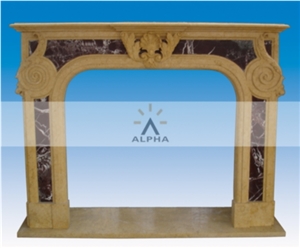 Natural Stone Carved Fireplace Mantel, Copper Yellow Marble Fireplace Mantel