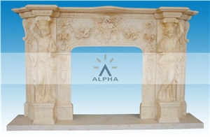 Natural Stone Statue Design Fireplace Surrounds, Egyptian Beige Marble Fireplace Surrounds