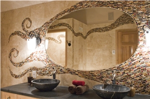 Bissonette Bathroom with Glass Mosaic, Travertine, Apollonia Beige Travertine Bath Design