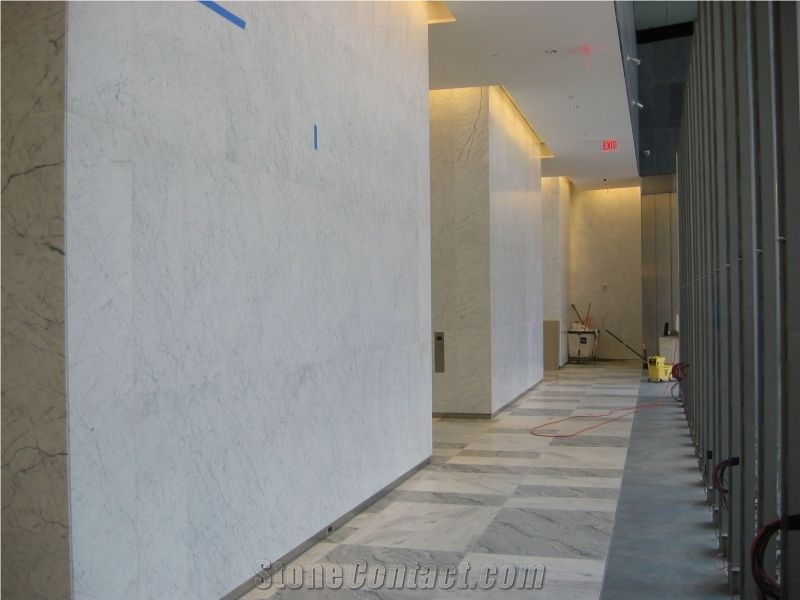 World Trade Center Bathroom Project, Arabescato Vagli Grigio White Marble Bath Design
