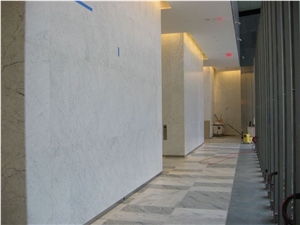 World Trade Center Bathroom Project, Arabescato Vagli Grigio White Marble Bath Design