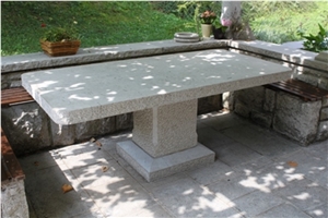Stone Table and Benches, Repen Povir Grey Limestone Benches
