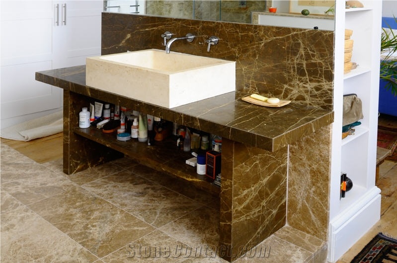 Ambrato Marble Vanity Top, Ambrato Marble Flooring, Ambrato Brown Marble Bath Design