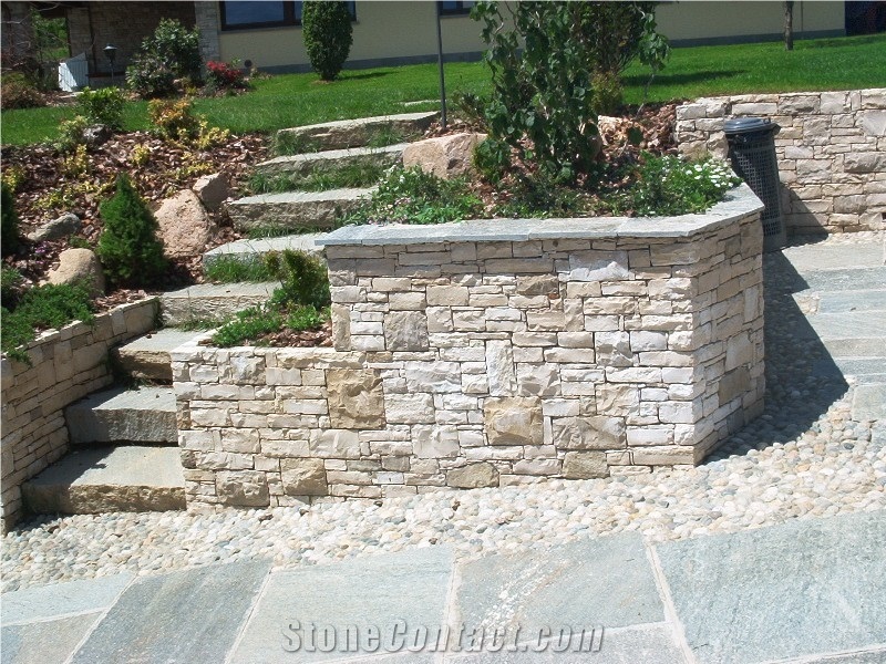 Trani Stone Retaining Garden Wall, Trani Broccato Beige Limestone Garden Wall