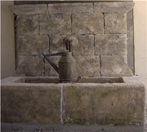 Reclaimed Stone Wall Fountain, Rocheret Gris Grey Limestone Wall Fountain