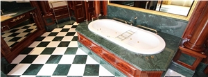 Savoy Hotel Bathroom Project, Verde Guatemala Green Marble Bath Design