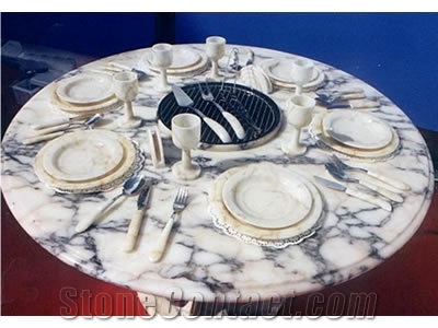 Arabescato Marble Round Tabletop, Arabescato Mossa White Marble Tabletop