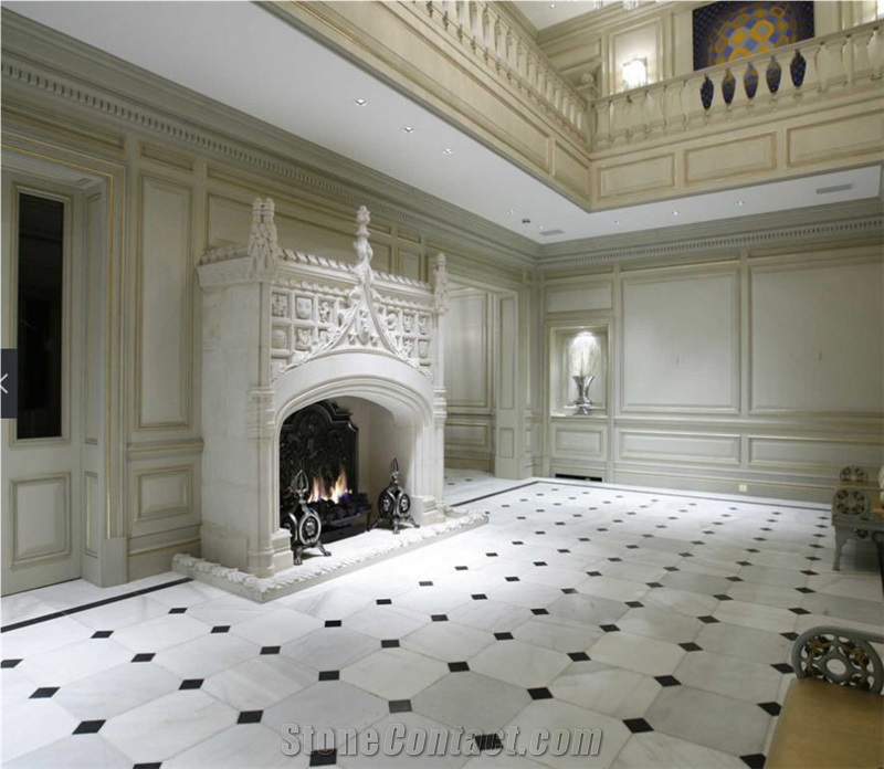Bianco Carrara a Marble Fireplace and Floor Tiles, Bianco Carrara a White Marble Fireplace