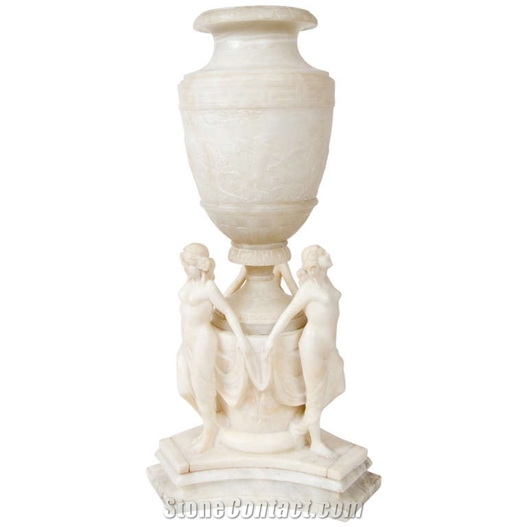 Carved White Alabaster Neoclassical Style Urn, Alabastro Transparente White Alabaster Urn
