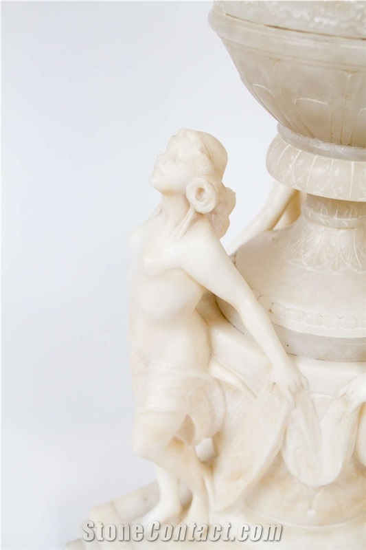 Carved White Alabaster Neoclassical Style Urn, Alabastro Transparente White Alabaster Urn