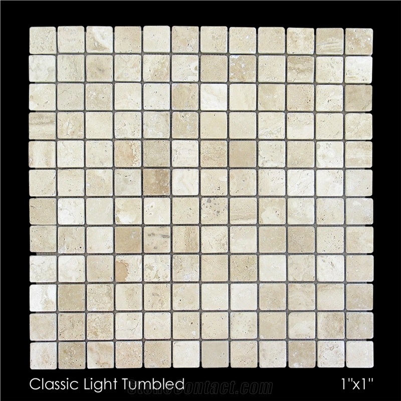 Light Classic Travertine Tumbled Mosaic, Classic Beige Travertine Tumbled Mosaic