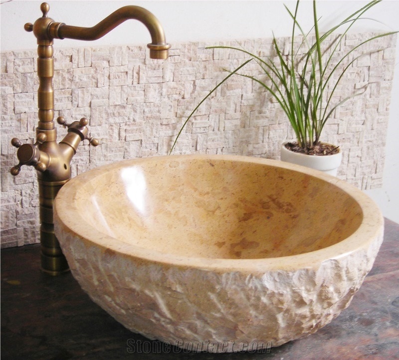 Beige Limestone Bathroom Round Sinks,Wash Basins,Vessel Sinks