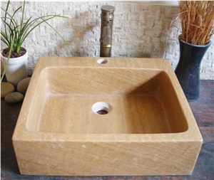Natural Stone Sinks,Wash Basins, Yellow Wood Vein Brown Marble Wash Basins