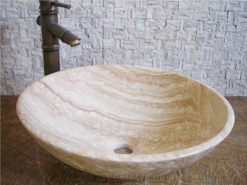 Natural Stone Sinks,Wash Basins, Wooden Brown Travertine Wash Basins
