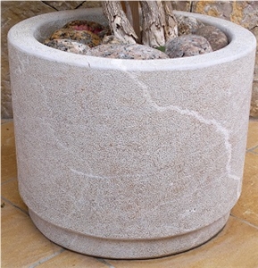 Garden Planters in Bush Hammmered Finishes, Gris Mallorca Beige Marble Planters
