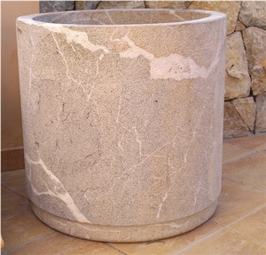 Garden Planters in Bush Hammmered Finishes, Gris Mallorca Beige Marble Planters