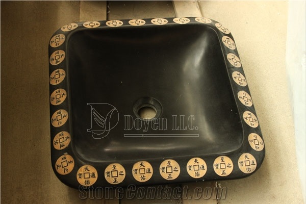 China Pure Black Honed Granite Square Vessel Sinks & Bowls